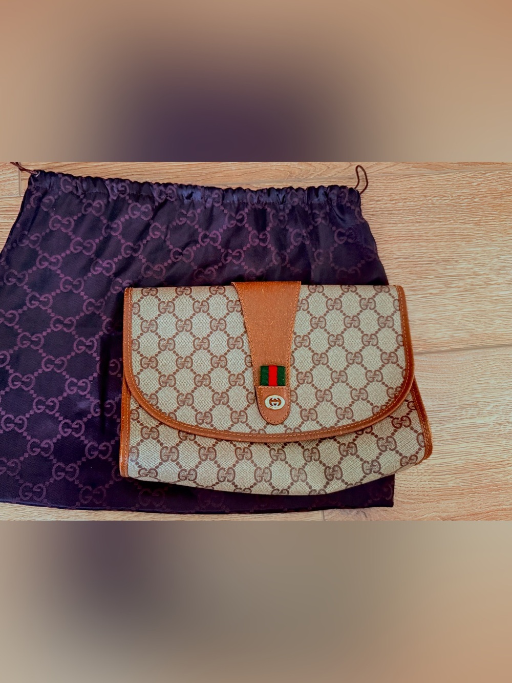 Gucci Beige Canvas Clutch with Brown Leather and Green-Red Web